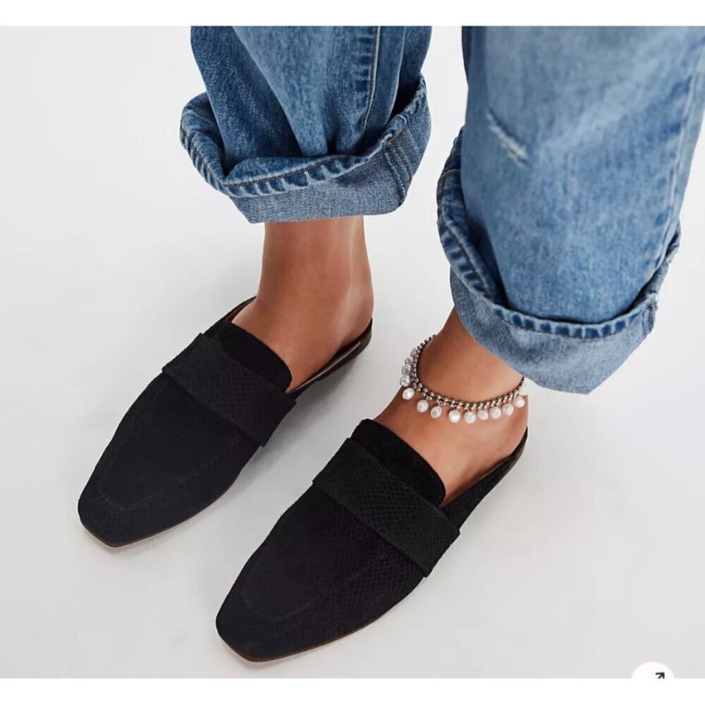 Free People Womens 37 At Ease Loafer Leather Slip On Mules Suede Flats Snake